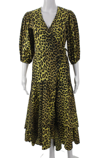 Ganni Women Yellow Animal Print Cotton Wrap Dress V-Neck Tie 3/4 Sleeve Size 36