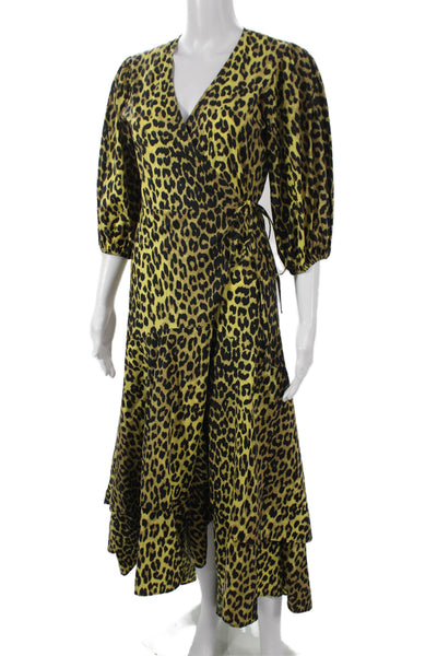 Ganni Women Yellow Animal Print Cotton Wrap Dress V-Neck Tie 3/4 Sleeve Size 36
