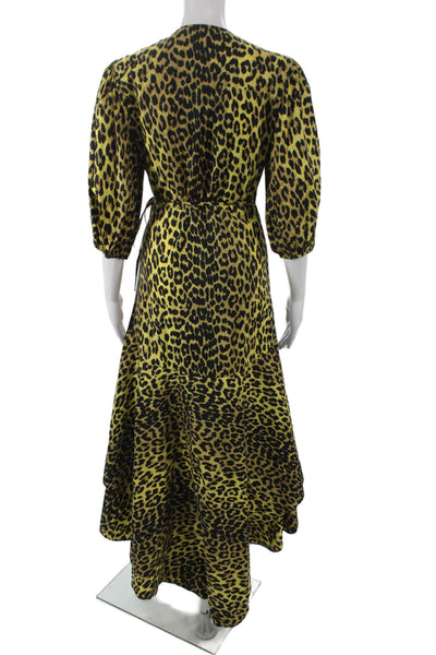 Ganni Women Yellow Animal Print Cotton Wrap Dress V-Neck Tie 3/4 Sleeve Size 36