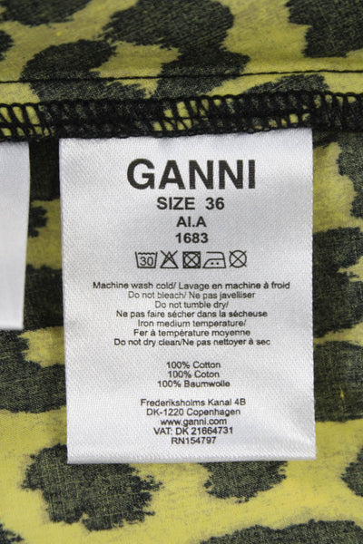 Ganni Women Yellow Animal Print Cotton Wrap Dress V-Neck Tie 3/4 Sleeve Size 36