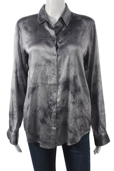 Her Shirt Women Basic Silk Collared Tie Dye Button-Up Gray Long Sleeve Size M