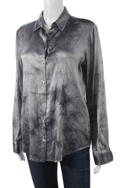 Her Shirt Women Basic Silk Collared Tie Dye Button-Up Gray Long Sleeve Size M