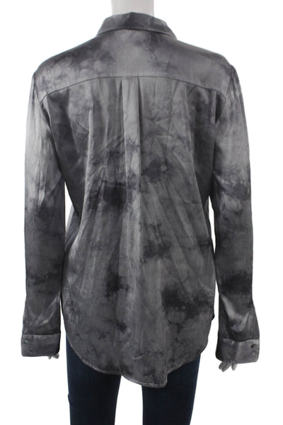 Her Shirt Women Basic Silk Collared Tie Dye Button-Up Gray Long Sleeve Size M