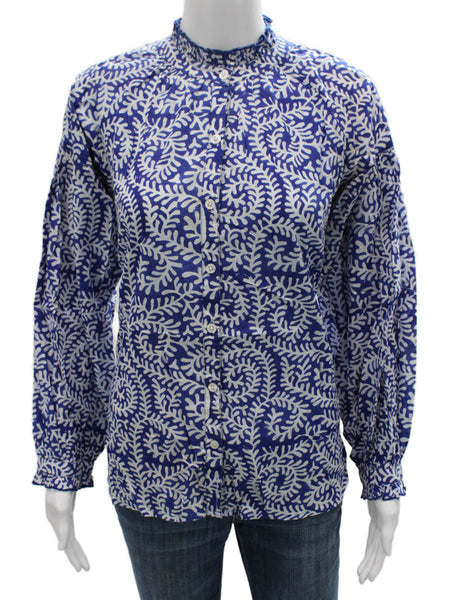 Madison Mathews Women Blue Floral High Neck Long Sleeve Blouse Cotton Size S