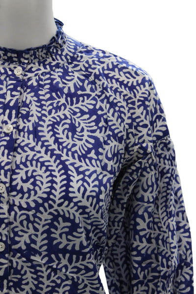 Madison Mathews Women Blue Floral High Neck Long Sleeve Blouse Cotton Size S