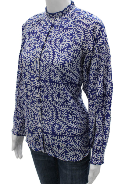 Madison Mathews Women Blue Floral High Neck Long Sleeve Blouse Cotton Size S