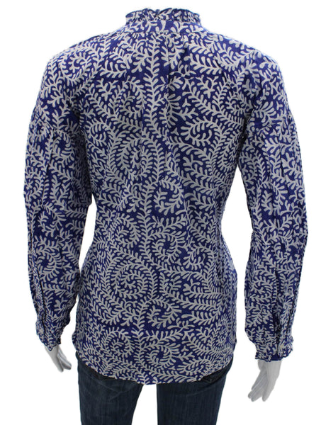 Madison Mathews Women Blue Floral High Neck Long Sleeve Blouse Cotton Size S