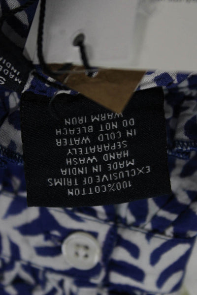 Madison Mathews Women Blue Floral High Neck Long Sleeve Blouse Cotton Size S