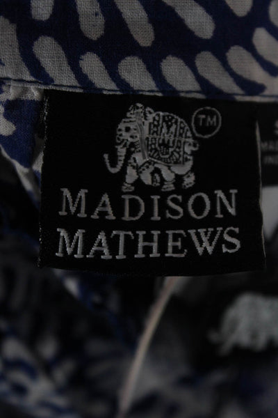 Madison Mathews Women Blue Floral High Neck Long Sleeve Blouse Cotton Size S