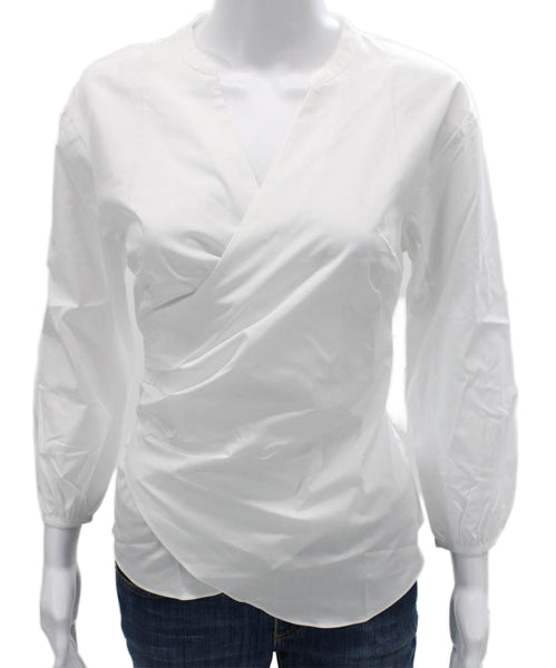 J Crew Womens White Cotton V Neck Long Sleeve Tie Basic Blouse Size PS