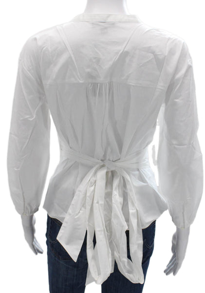 J Crew Womens White Cotton V Neck Long Sleeve Tie Basic Blouse Size PS