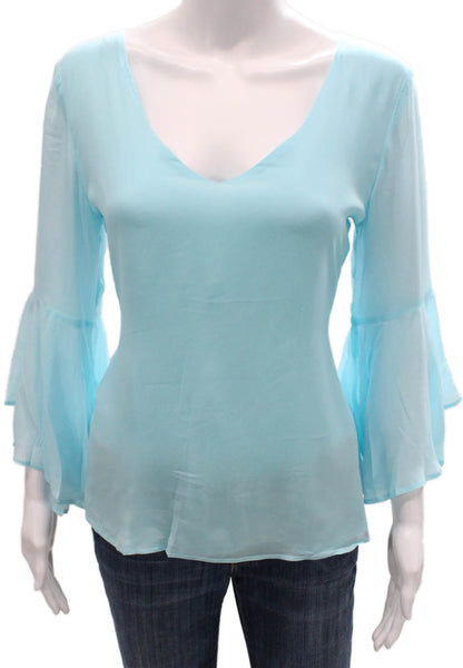 Walker & Wade Womens Basic Blue Polyester V Neck Long Sleeve Blouse Size S