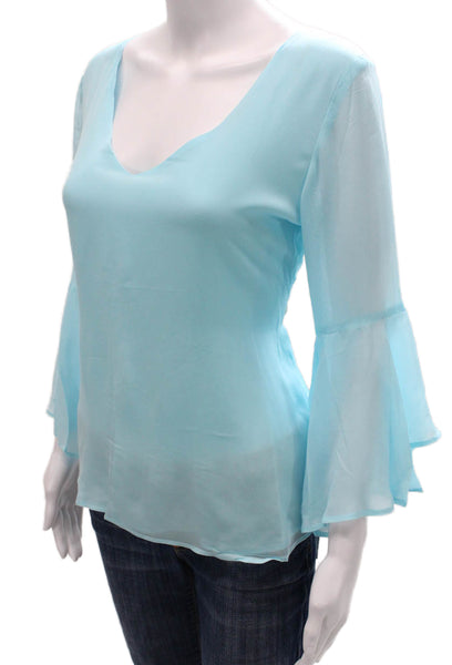 Walker & Wade Womens Basic Blue Polyester V Neck Long Sleeve Blouse Size S