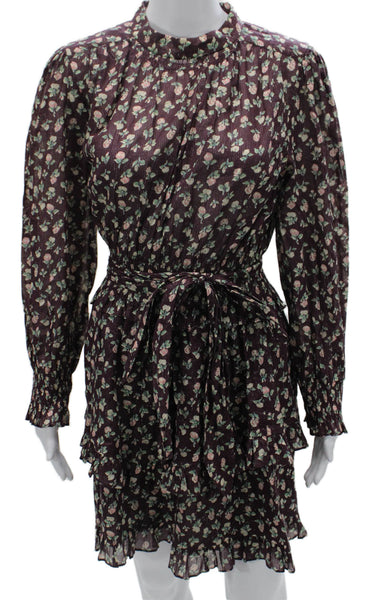 La Vie Women Fit & Flare Purple Floral Cotton High Neck Tie Short Dress Size M