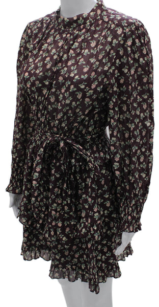 La Vie Women Fit & Flare Purple Floral Cotton High Neck Tie Short Dress Size M