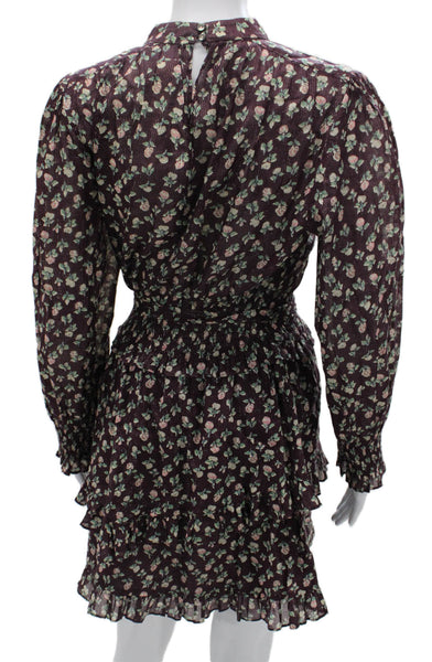 La Vie Women Fit & Flare Purple Floral Cotton High Neck Tie Short Dress Size M