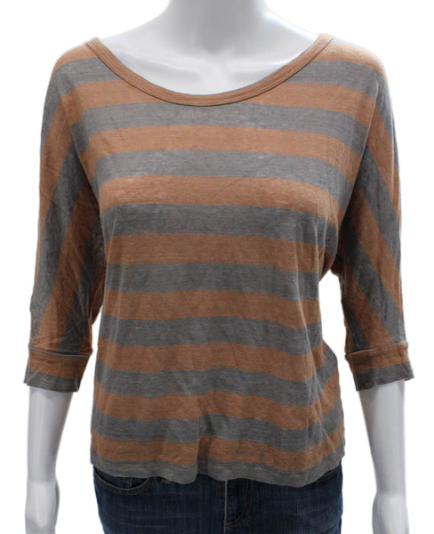 Joie Women Basic Striped Linen Scoop Neck T-Shirt Brown Size M