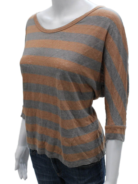 Joie Women Basic Striped Linen Scoop Neck T-Shirt Brown Size M