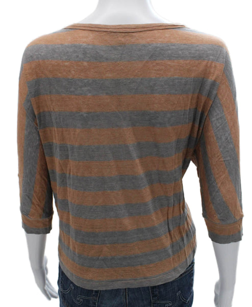Joie Women Basic Striped Linen Scoop Neck T-Shirt Brown Size M