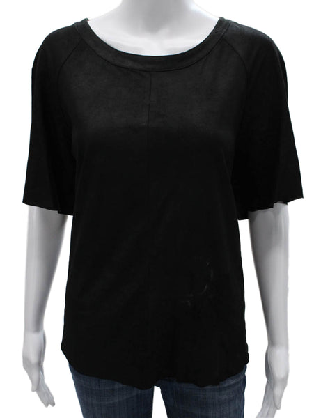 Equipment Women Basic Blouse Black Goat Leather Short Sleeve Round Neck Size M