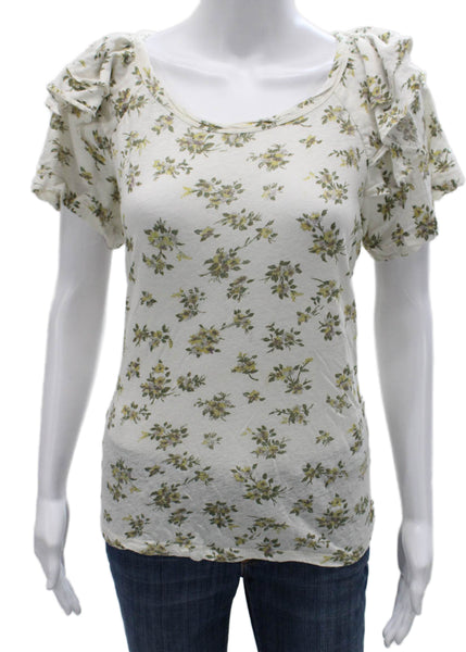 Current/Elliott Womens Basic Floral Scoop Neck Linen T-Shirt Short Sleeve Size 1