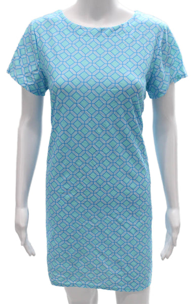 Jude Connally Women Shift Dress Blue Geometric Short Sleeve Size M