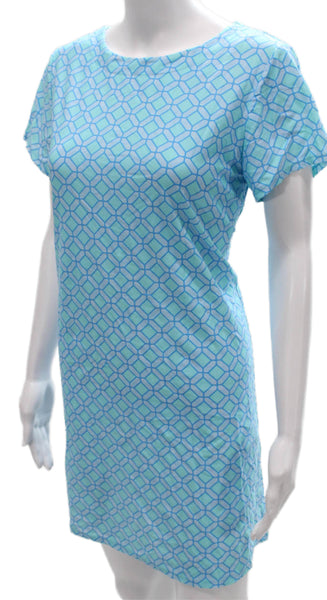 Jude Connally Women Shift Dress Blue Geometric Short Sleeve Size M