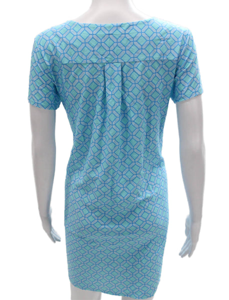 Jude Connally Women Shift Dress Blue Geometric Short Sleeve Size M