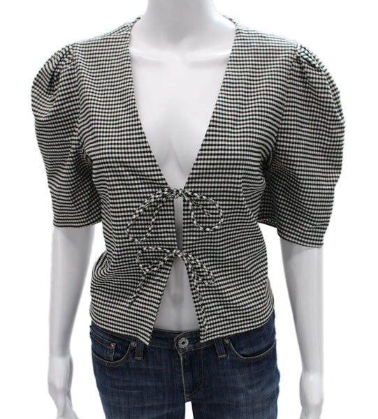 Lovers + Friends Women Cropped V-Neck Check Blouse Short Sleeve Tie Size L