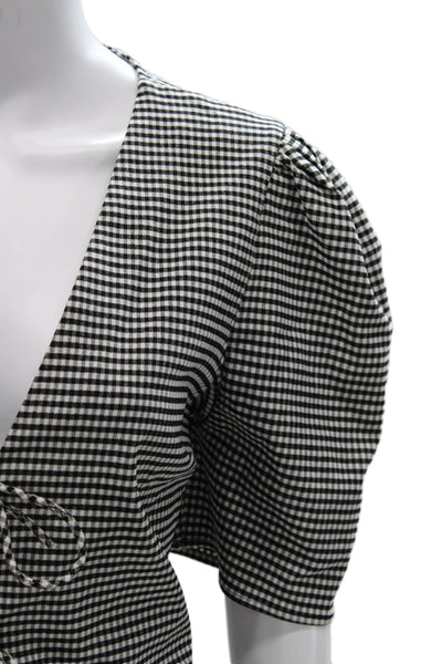 Lovers + Friends Women Cropped V-Neck Check Blouse Short Sleeve Tie Size L