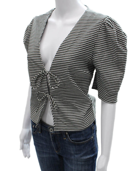 Lovers + Friends Women Cropped V-Neck Check Blouse Short Sleeve Tie Size L
