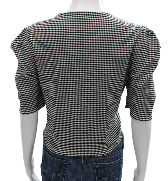Lovers + Friends Women Cropped V-Neck Check Blouse Short Sleeve Tie Size L