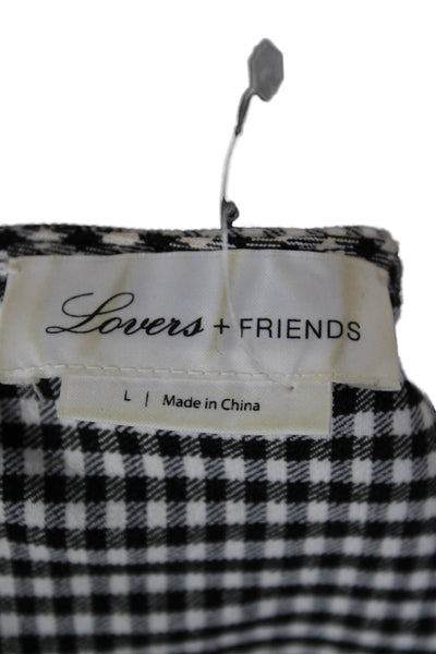 Lovers + Friends Women Cropped V-Neck Check Blouse Short Sleeve Tie Size L