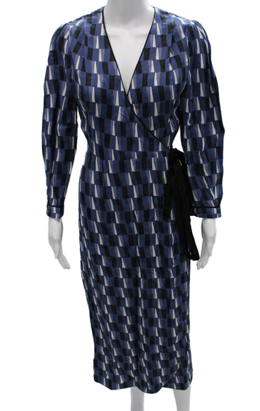 Cefinn Women Wrap Dress Midi Longsleeve Blue Geometric V-Neck Tie Size 6