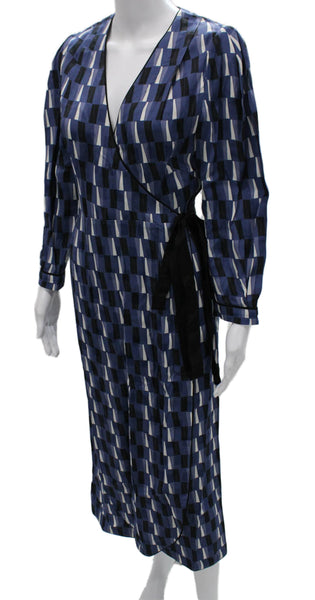 Cefinn Women Wrap Dress Midi Longsleeve Blue Geometric V-Neck Tie Size 6