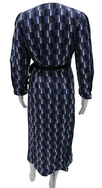 Cefinn Women Wrap Dress Midi Longsleeve Blue Geometric V-Neck Tie Size 6