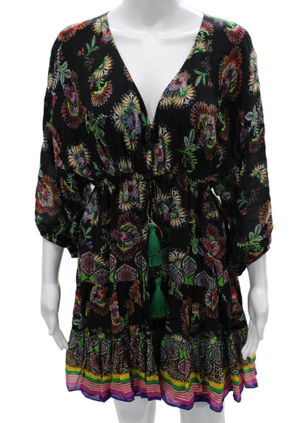 Alexis Womens Black Floral V-Neck Kaftan Dress 3/4 Sleeve Rayon Size S
