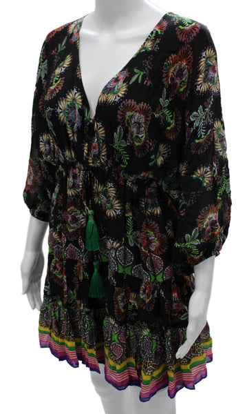 Alexis Womens Black Floral V-Neck Kaftan Dress 3/4 Sleeve Rayon Size S