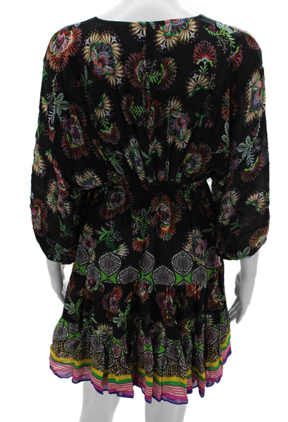 Alexis Womens Black Floral V-Neck Kaftan Dress 3/4 Sleeve Rayon Size S