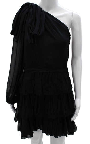 Ulla Johnson Womens Mini One Shoulder Silk Dress Black Long Sleeve Size 6