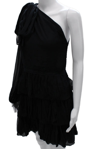 Ulla Johnson Womens Mini One Shoulder Silk Dress Black Long Sleeve Size 6