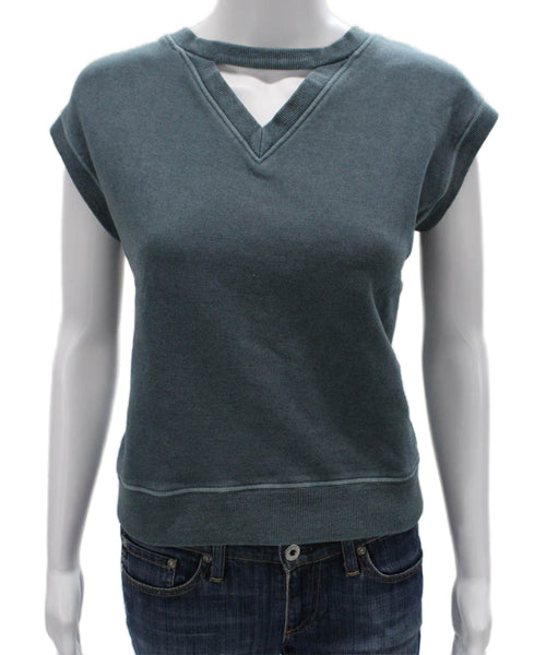 Theilma Womens V Neck Cotton Short Sleeve Vest Sweatshirt Green Size S