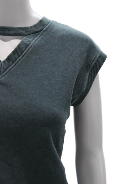 Theilma Womens V Neck Cotton Short Sleeve Vest Sweatshirt Green Size S