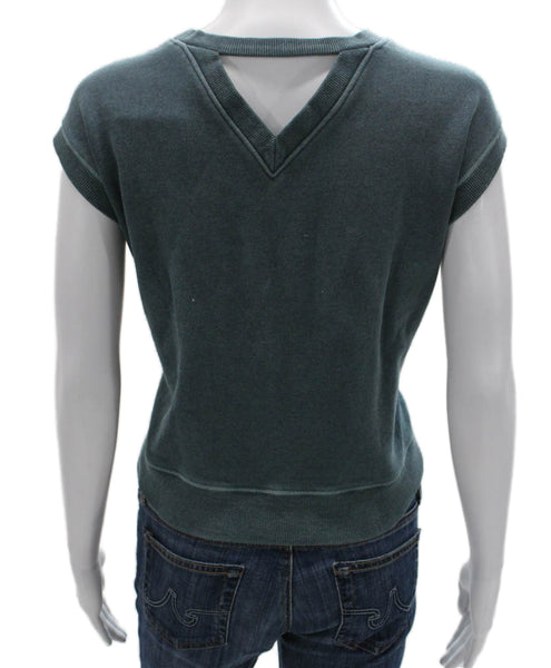Theilma Womens V Neck Cotton Short Sleeve Vest Sweatshirt Green Size S