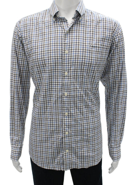 Peter Millar Mens Cotton Blend Grid Print Button Up Shirt White Size L