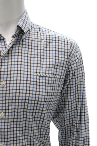 Peter Millar Mens Cotton Blend Grid Print Button Up Shirt White Size L