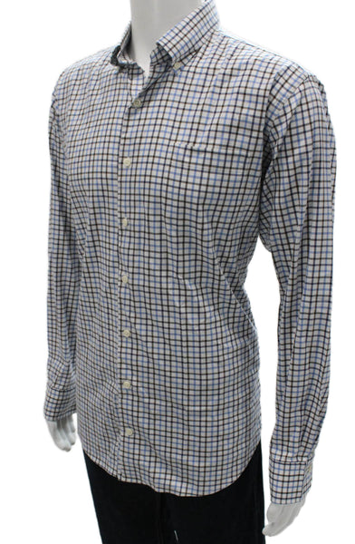 Peter Millar Mens Cotton Blend Grid Print Button Up Shirt White Size L