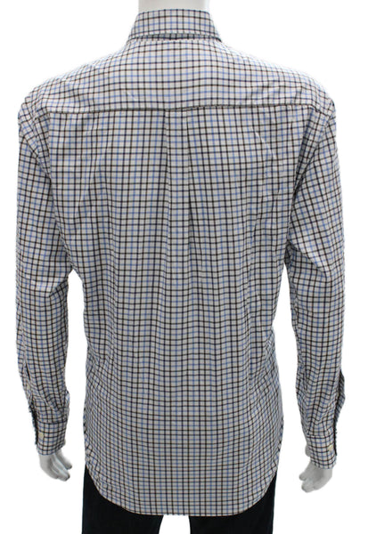 Peter Millar Mens Cotton Blend Grid Print Button Up Shirt White Size L