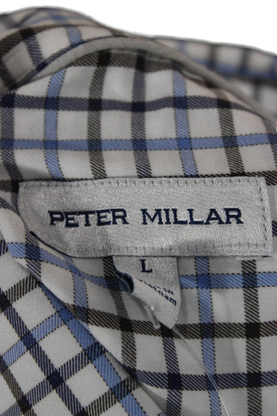 Peter Millar Mens Cotton Blend Grid Print Button Up Shirt White Size L
