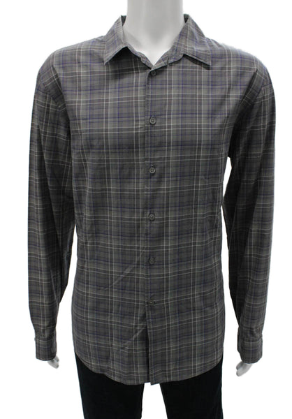 John Varvatos Mens Cotton Plaid Button Up Shirt Gray Size 2XL